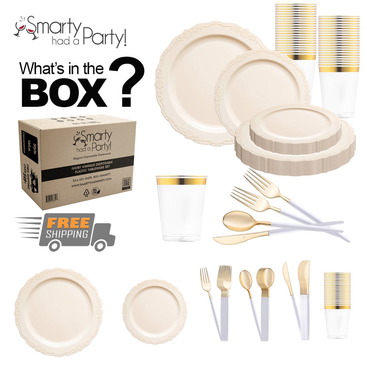 Ivory Vintage Disposable Plastic Tableware Set (120 Settings)